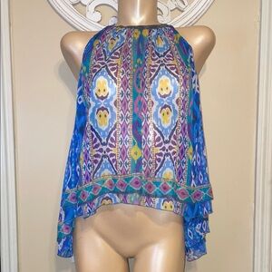 Zara women’s large blouse top sheer  Blue Pattern Flowy asymmetrical tank  NWT
